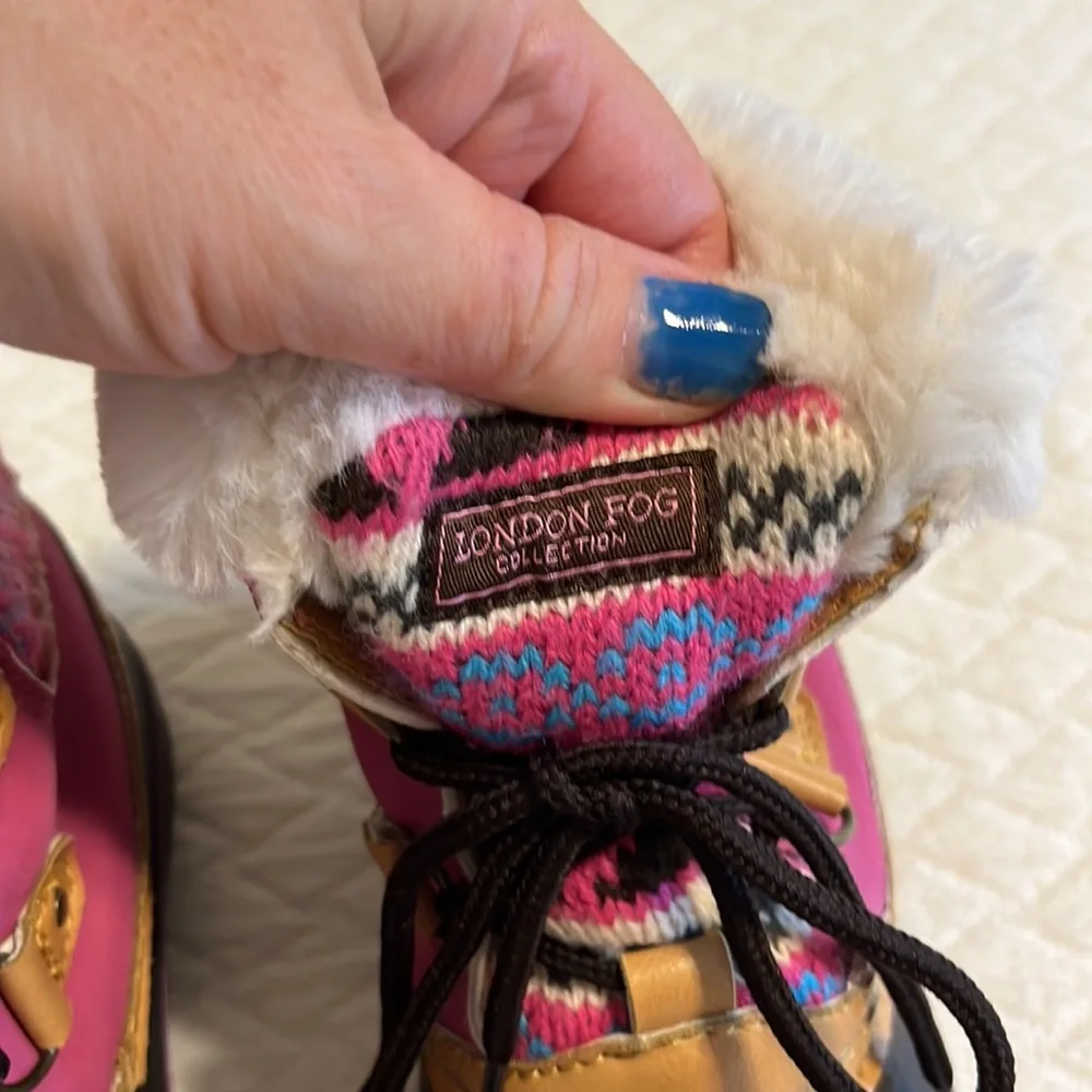 London Fog winter boots, sweater knit uppers, faux fur, pink/brown kids 10